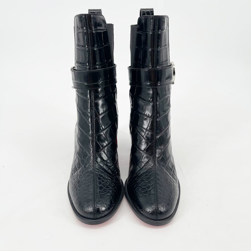 NWOB Christian Louboutin CL Chelsea Booty Black Croc Embossed Ankle Boots EU 37 - Picture 5 of 11